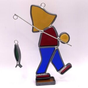 Vintage Stained Glass‎ Suncatcher Fisherman Boy with Fishing Pole Cabin Decor 5"